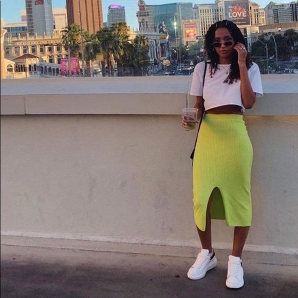 NWOT Free People Skyline Midi Skirt in Electric Lime, Size XS - Picture 5 of 8